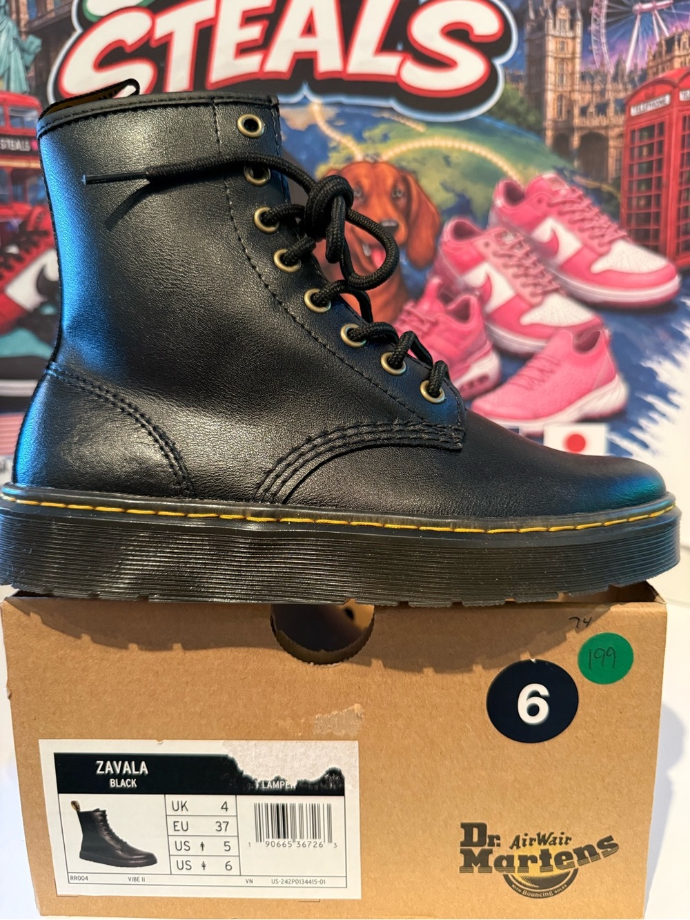Dr. Martens Black Leather Platform Combat Boot with Yellow Stitching